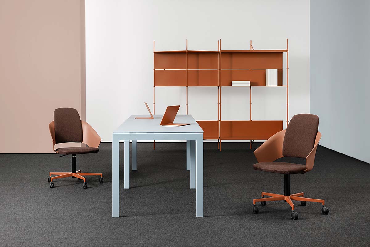 Mara - Icon High Back design Marcello Ziliani - Elle bookcase system design Ferruccio Laviani - Foil table design Christophe Pillet