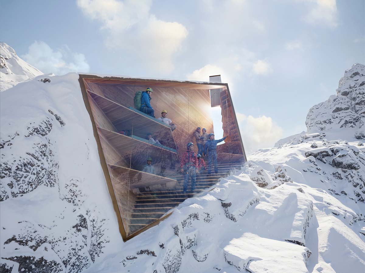 Il rifugio alpino progettato in occasione delle olimpiadi invernali 2026 (progetto in collaborazione con Salone del Mobile.Milano). Render courtesy CRA-Carlo Ratti Associati